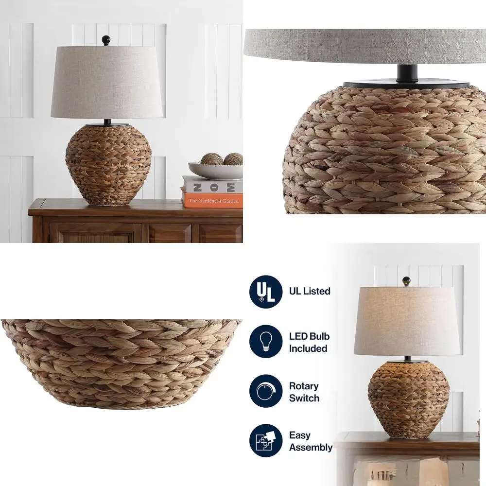 

Настольная лампа Armhouse из натурального водяного гиацинта 24,5 см с абажуром из светло-серого льняного полотна, светодиодная лампочка в комплекте