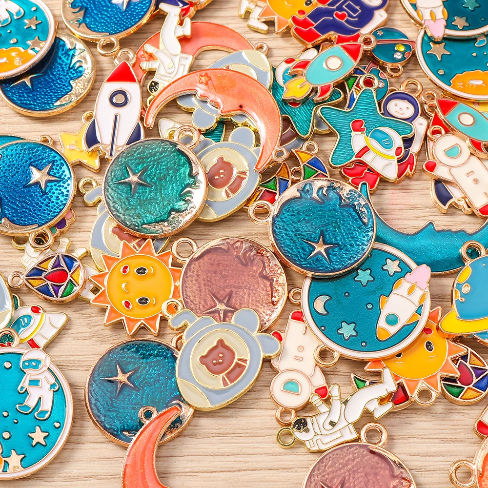 Tusember 10개입 만화 에나멜 태양 달 별 참 펜던트 목걸이 귀걸이 팔찌 DIY 열쇠고리 액세서리