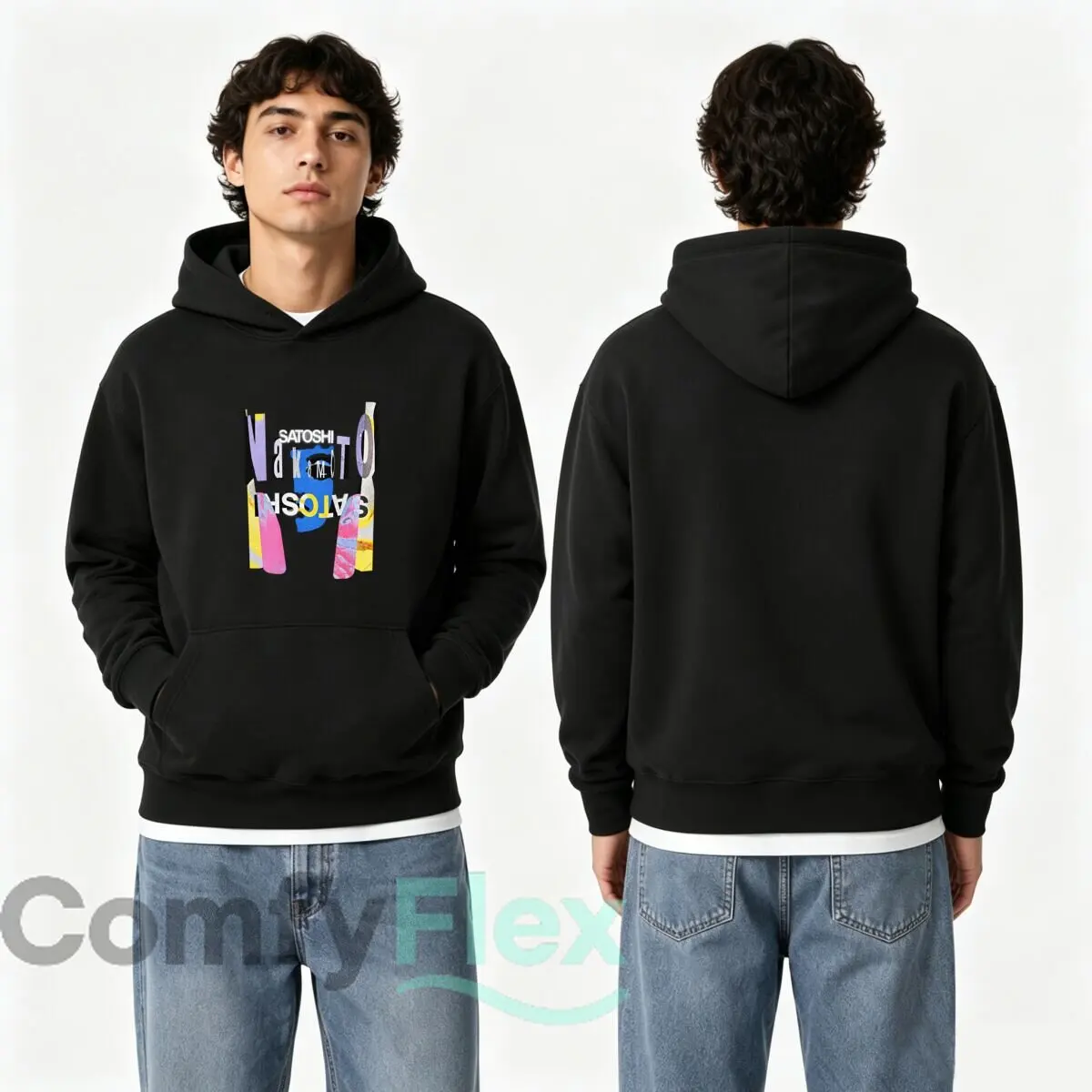 Satoshi Inverted Typography Abstract Face Eye Collage Autumn and winter hooded sweatshirts