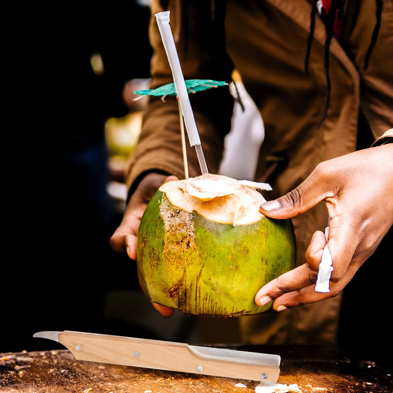 Double Ended Coconut Opener Tool Stainless Steel Tips Wooden Handle Designed for Quick Safe Coconut Splitting Drilling and