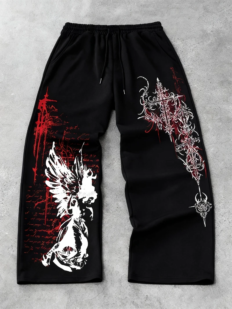 

Мужские широкие брюки с готическим принтом дракона и крыльев — черные/белые/красные прямые брюки в азиатском стиле с завязкой на талии
