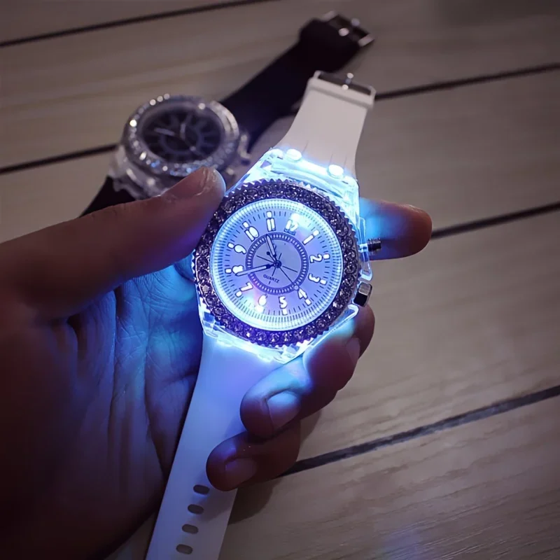 Luminous Round Digital Watches Solid Color Inlaid Rhinestone Sports Watch Couple Waterproof Wrist Watch