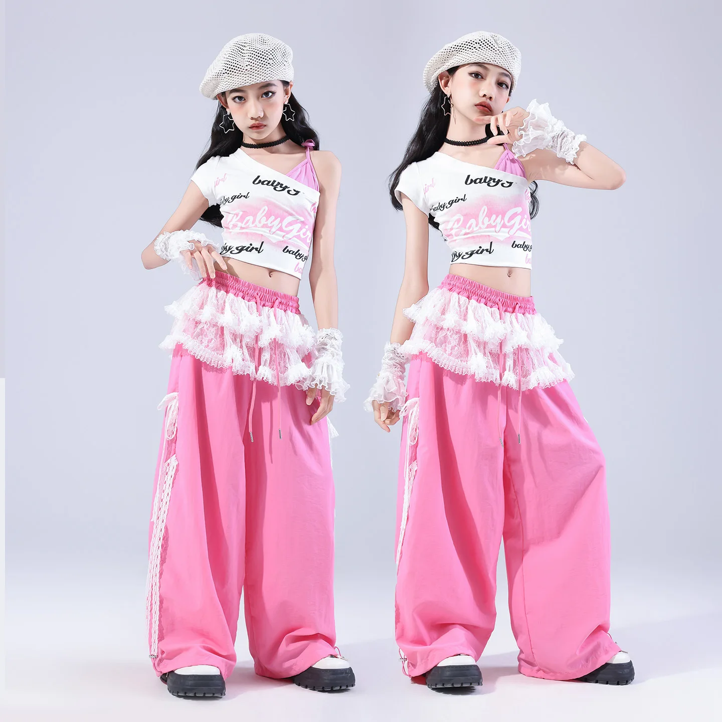 2026 Kpop Kids Hip Hop Clothing Girls Jazz Clothes Navel Tops Pink Pants Summer Modern Dance Performance Costume Stage Wear