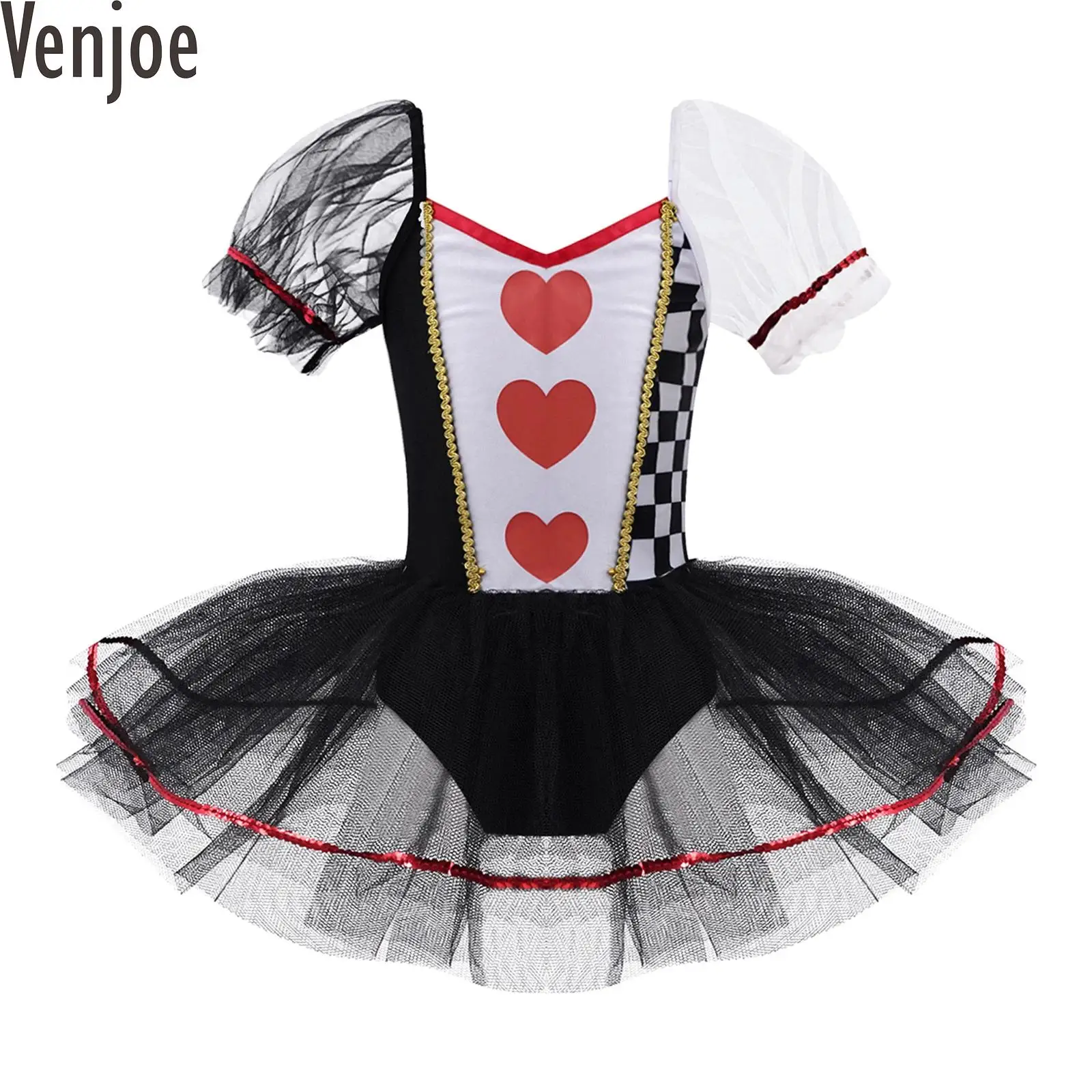 Black Kids Girls Halloween Queen Cosplay Costume Short Sleeves Ballet Dance Dress Mesh Tutu Dress Jumpsuit for Carnival Party