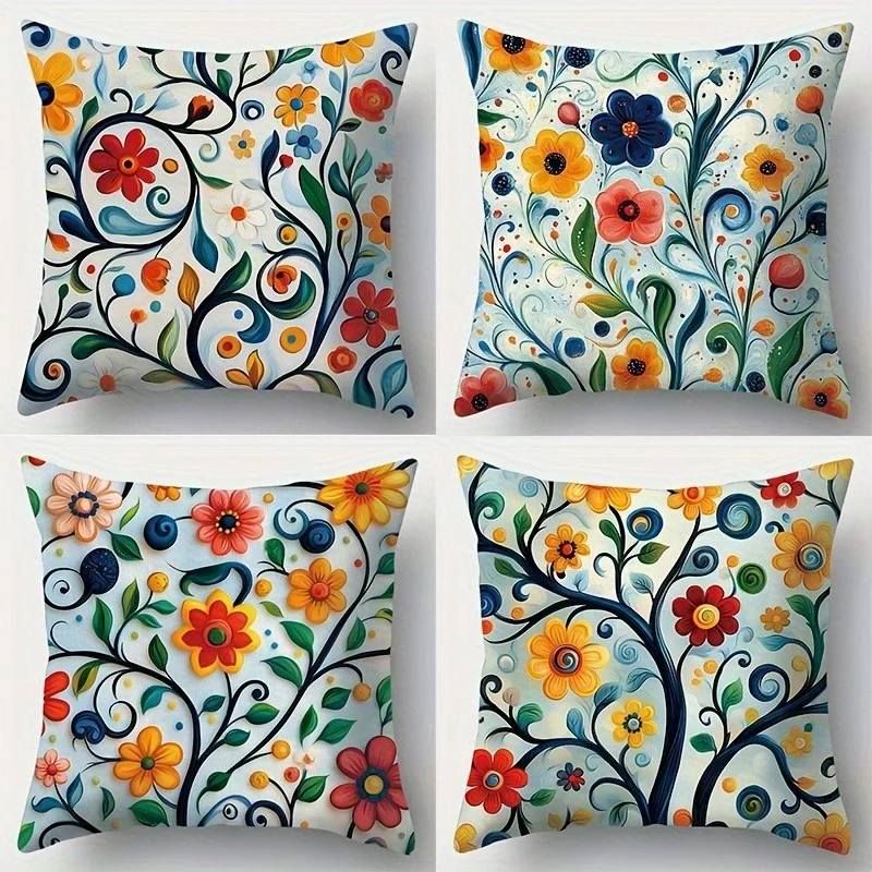 Boho Floral Print Cushion Cover Throw Pillow Decorative Botanical Mediterranean Style Accent for Living Room Home Decor