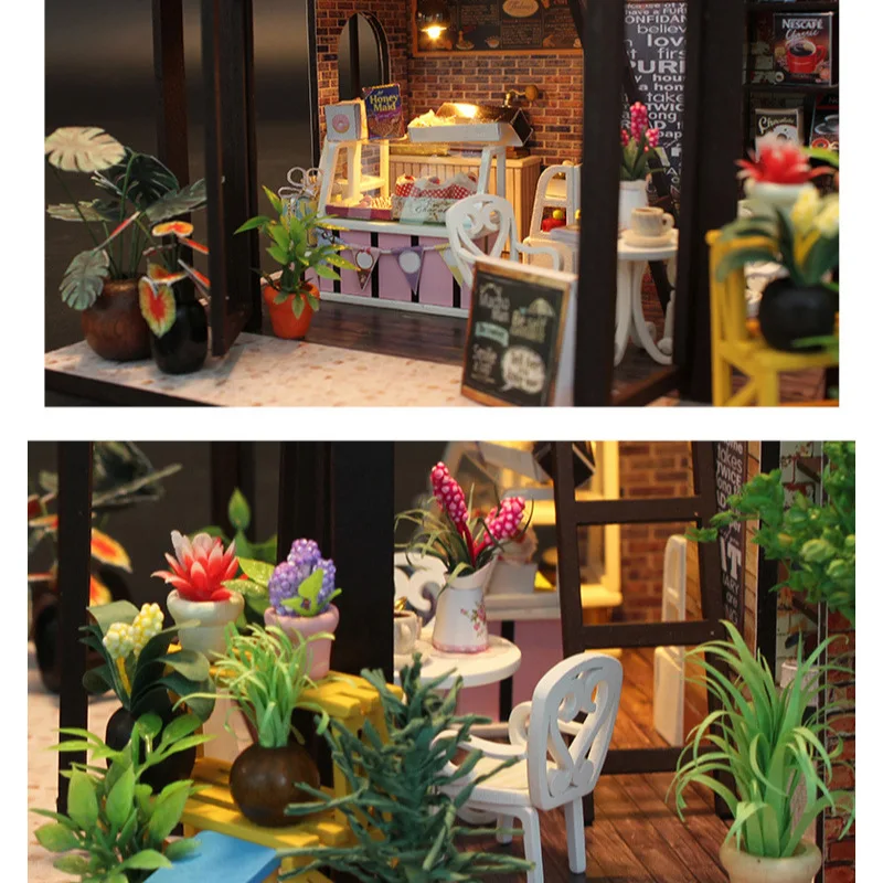 Kreative 3D Coffee Shop zusammengebaute Bausätze Modell mit Lichtern Holzpuzzles Desktop-Dekoration Spielzeug Geschenk für Kinder
