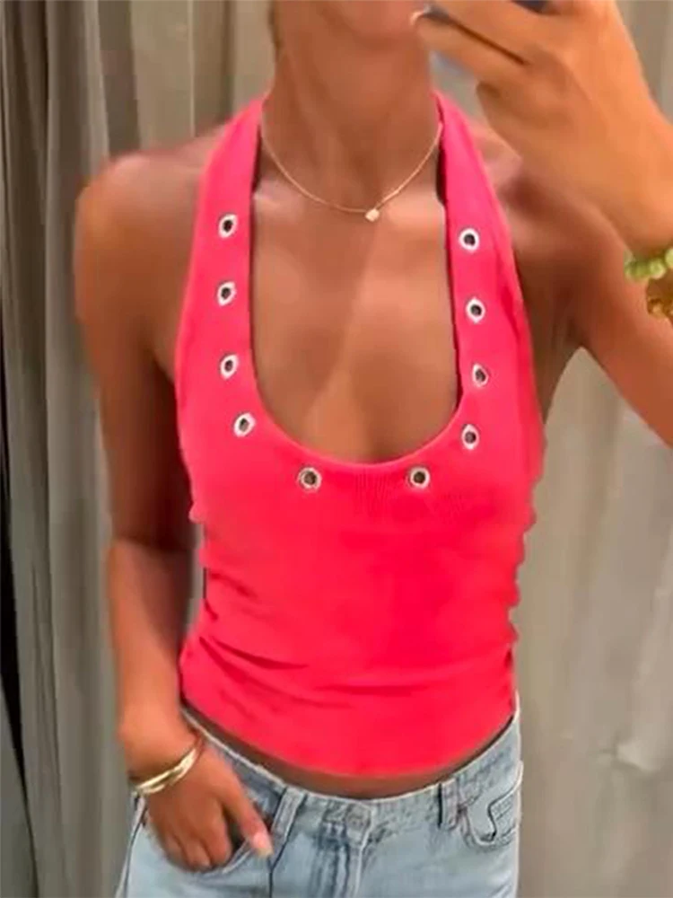 

Elegant Eyelet Mini Tops For Women Halter Sleeveless Backless Solid Short Vests 2025 Summer Female Vacation Casual Outerwears