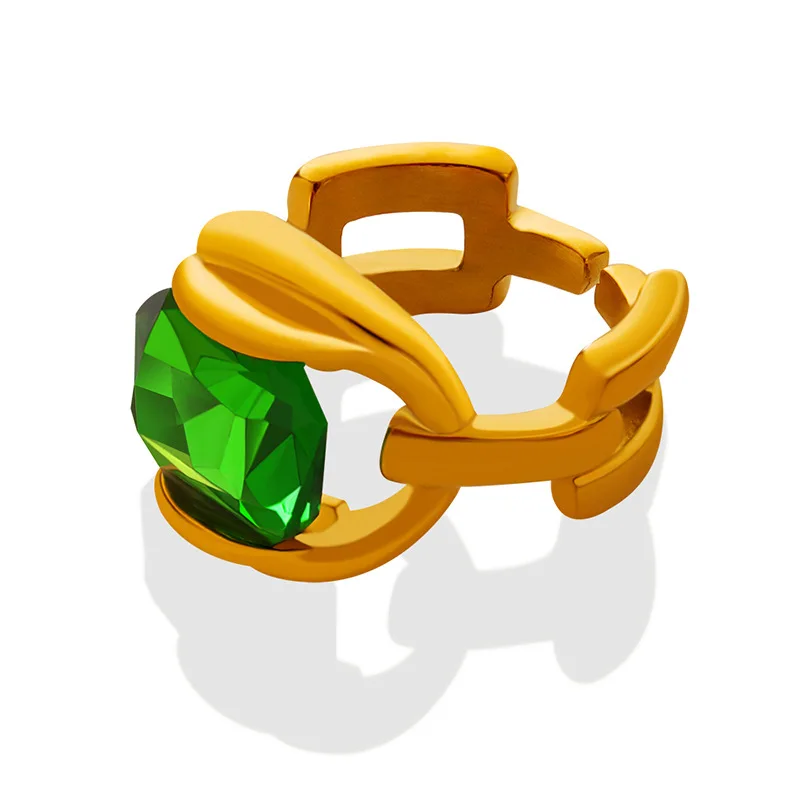 Vintage Stainless Steel For Women Green Crystal Ring Delicate Shiny Gold Plated Ring Fashion Feminine Jewelry 2023