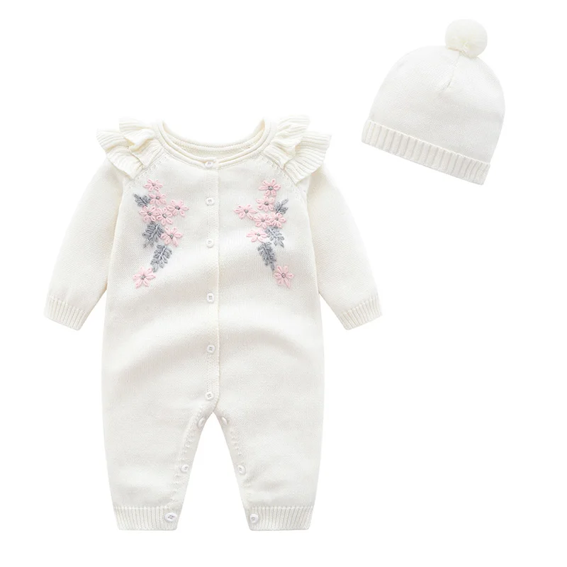 Newborn Baby Girl Knitting Jumpsuit+Hat Flower Embroidery Toddler Baby Girl Romper Spring Autumn Children Knitting Clothes