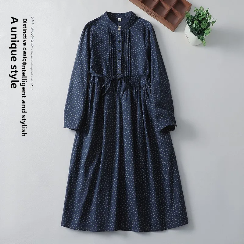 فستان قطني كتاني جديد لربيع 2025 بأكمام متوسطة الطول وحزام وياقة عالية، فستان قميص أساسي بتصميم A-line وأكمام عادية