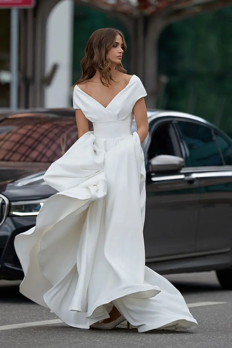 Elegant Wedding Dress A-Line Side Slit For Women Satin Floor Length Off The Shoulder Charming Civil  Customize To Measures Robe