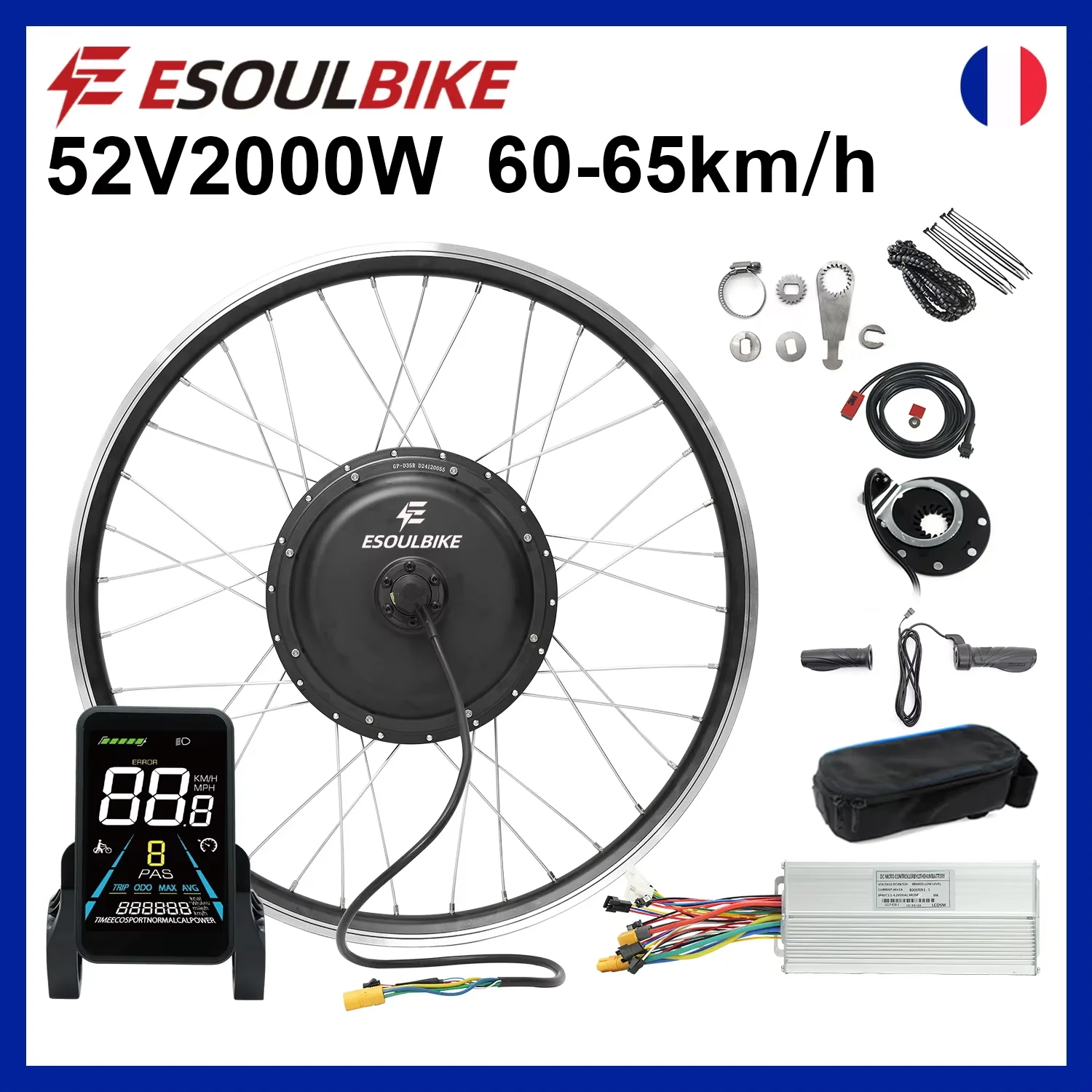 Kit de conversion de vélo électrique ESOULBIKE 52V 2000W avec moteur à moyeu pour roues 26, 27.5, 28, 29, 700C, propulsion arrière, pour VTT