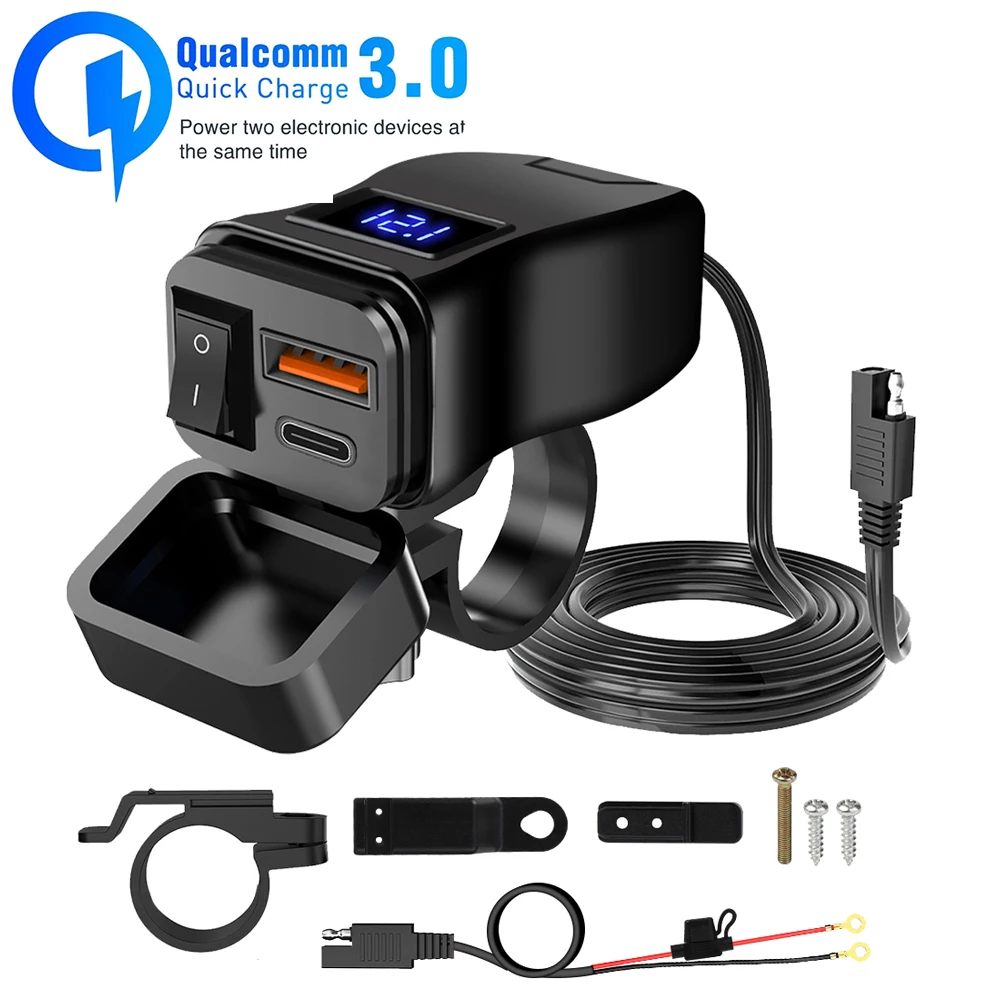 Kebidumei Motorcycle Parts Usb Fast Charger Waterproof Type C Port Socket Connector With Voltmeter Display PD QC Motor Adaptors