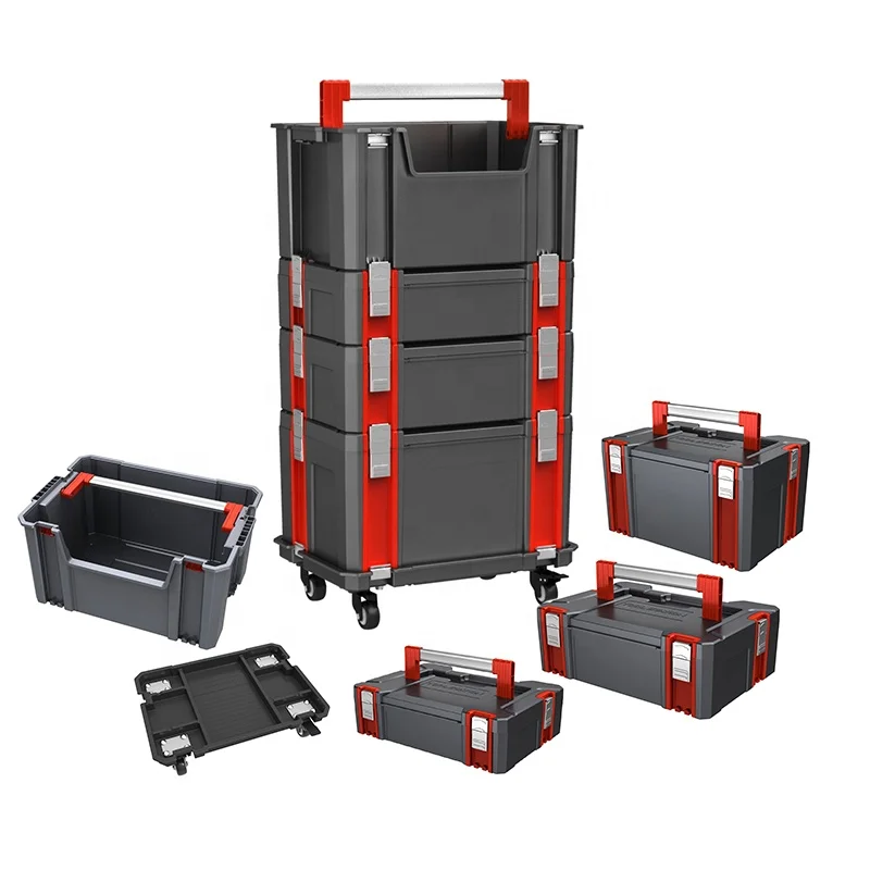 Professional stackable empty plastic toolbox trolley with wheel aluminum handle and lock