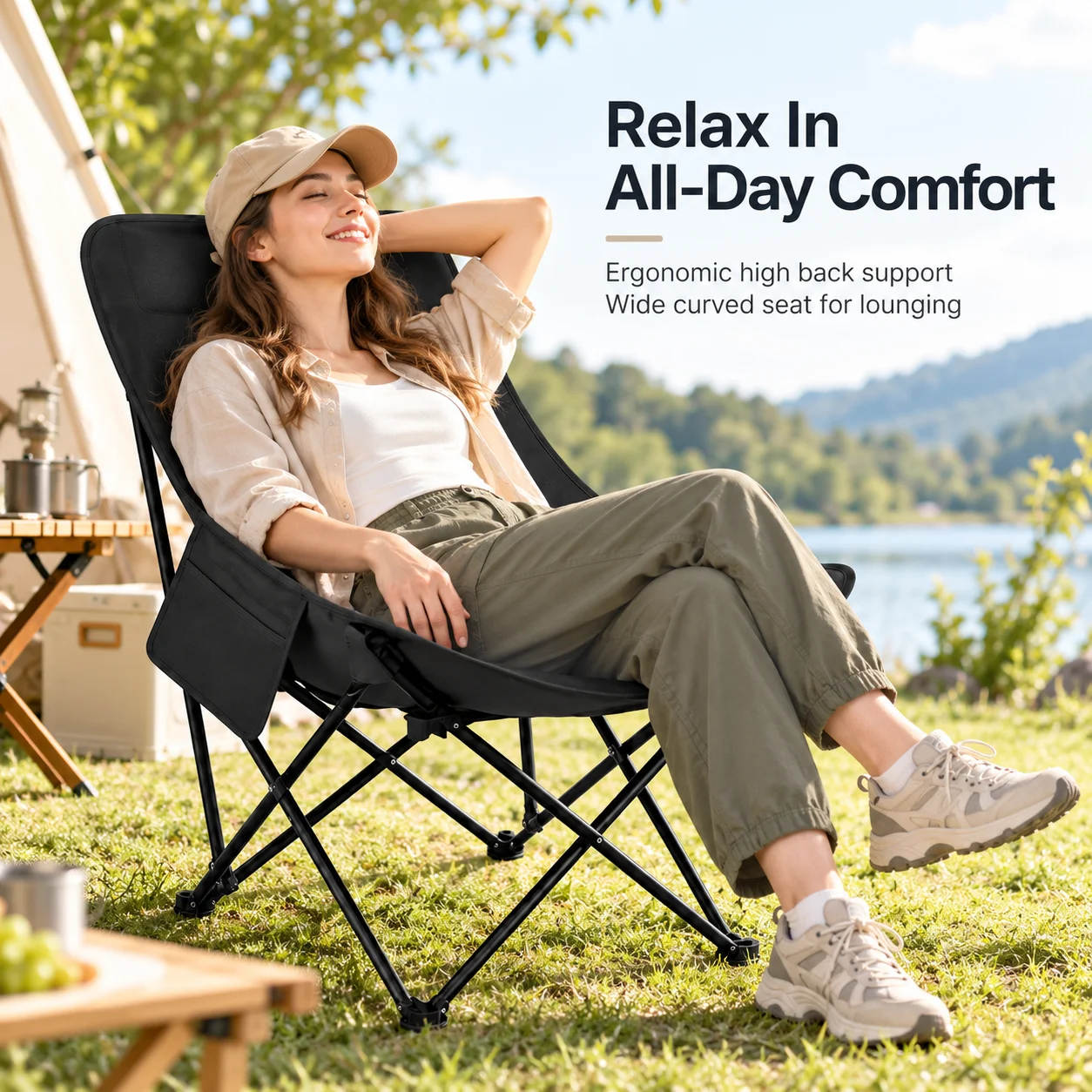 AOLIVIYA Folding Camping Chair Portable High Back Moon Chair Padded Outdoor Lounge Chair With Carry Bag For Beach Picnic Fishing
