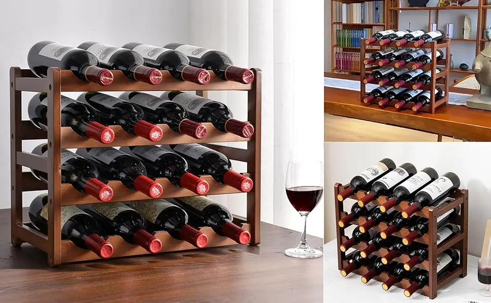 Wooden wine rack with four tiers, holding up to 16 wine bottles horizontally. Multiple views show stackable design and dark wood finish.
