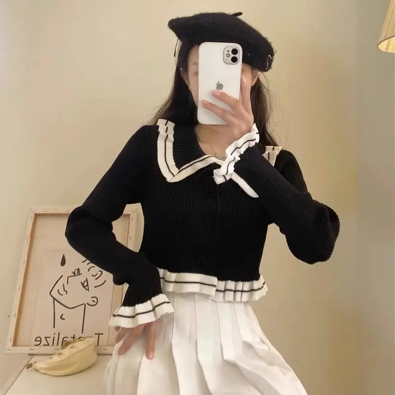 Cropped Sweaters Women Pullovers Chic Lace-up Design Cute Pater Pan Collar Girlish Knitted Clothes Autumn Winter Stylish Teens