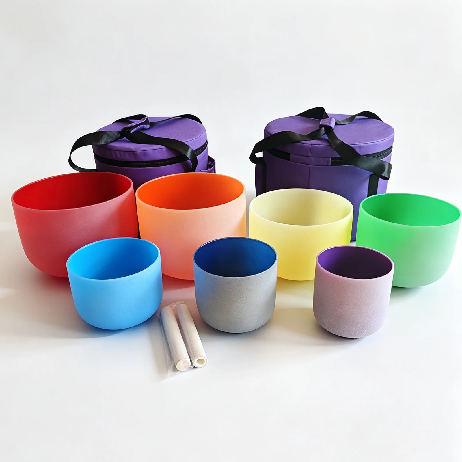 7-12inch 432hz/440hz Colored Frosted Quartz Crystal Singing Bowl Chakra Set of 7PCS With Carrying Case Included for Yoga