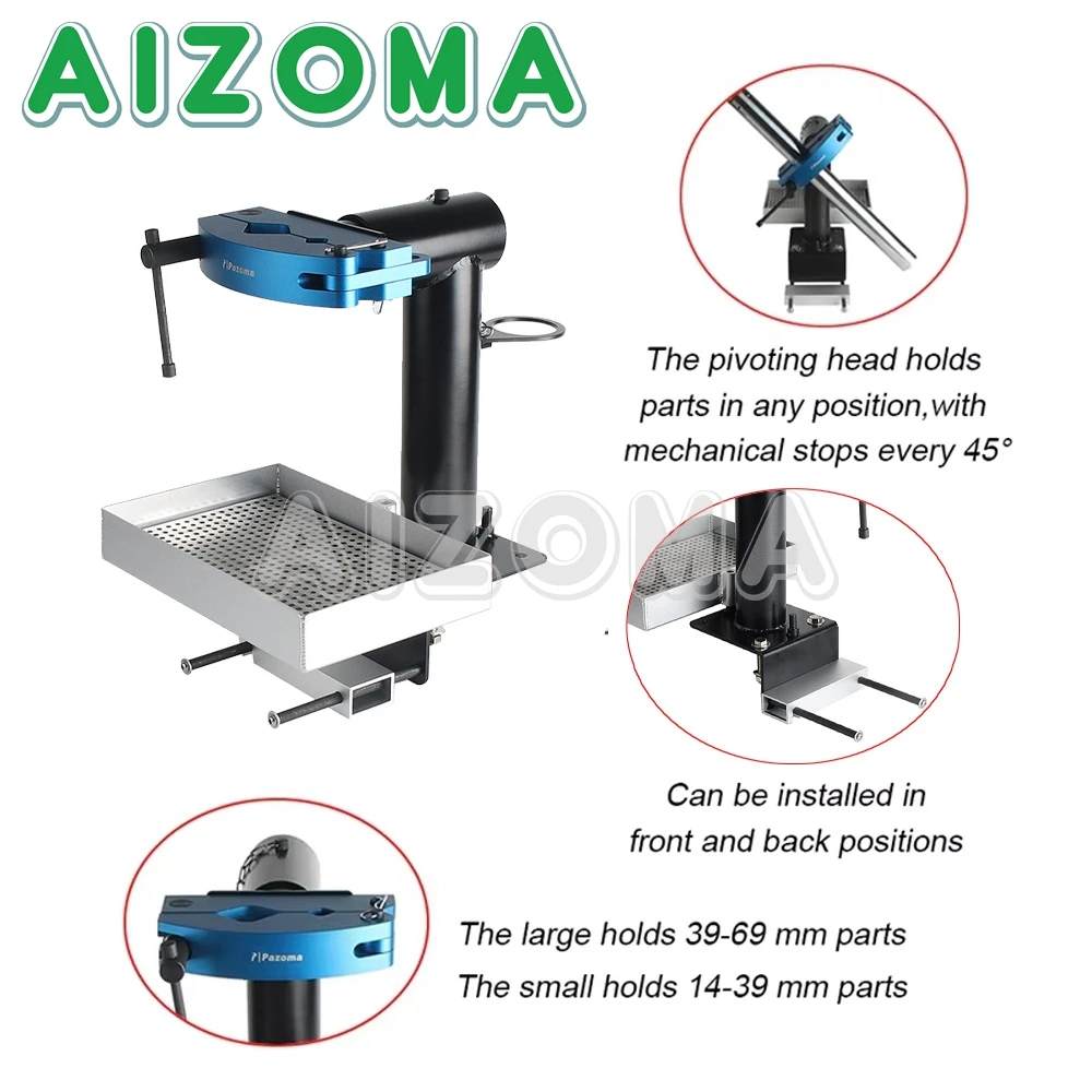 Tornillo de banco de taller de servicio de suspensión pivotante ajustable, compatible con horquilla delantera de 14-39mm, 39mm y 40mm, riel de horquillas de 39-69mm y reparación de banco de trabajo