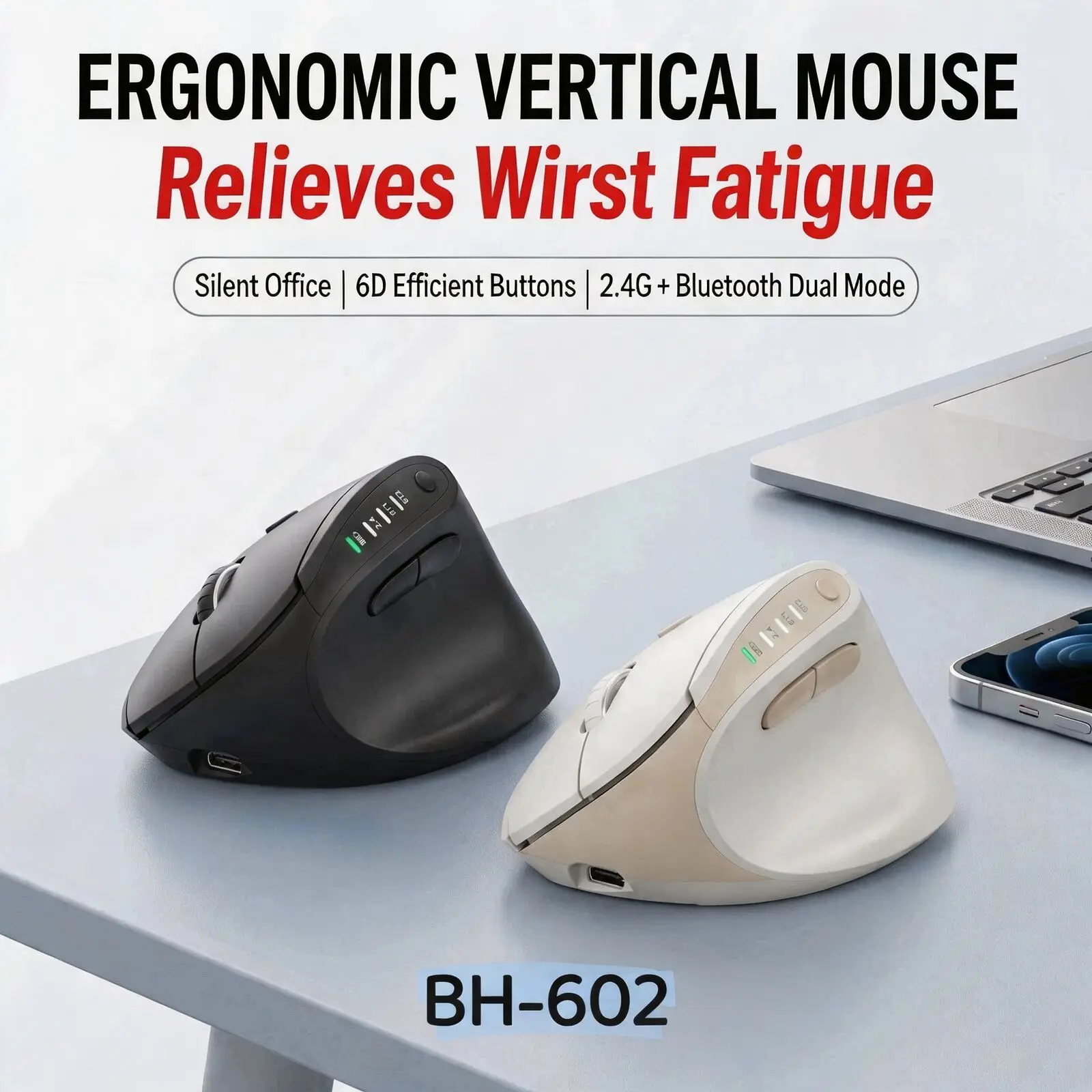 Vertical Ergonomic Wireless Mouse 2.4G Bluetooth Dual Mode 6 Keys Silent 800-3200DPI 500mAh Type-C Rechargeable Office PC Mice