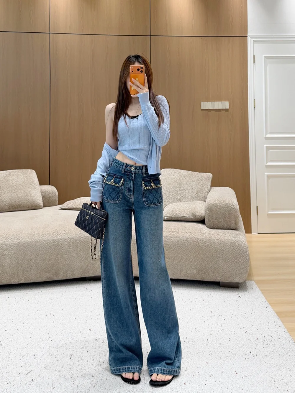 High Waist Wide Leg Jeans Luxury Diamond Grid Pocket Design Cotton Fabric Straight Cut Resistant to Deformation for Ladies