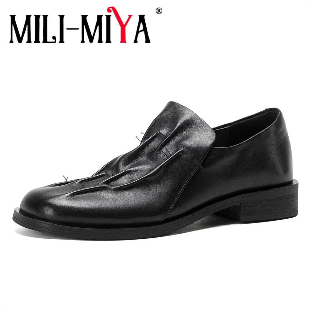 MILI-MIYA Women's New Arrival Square-Toe All-Genuine Leather Casual Low-Heel Pumps With Pleated Upper Solid Black Slip-On Shoes