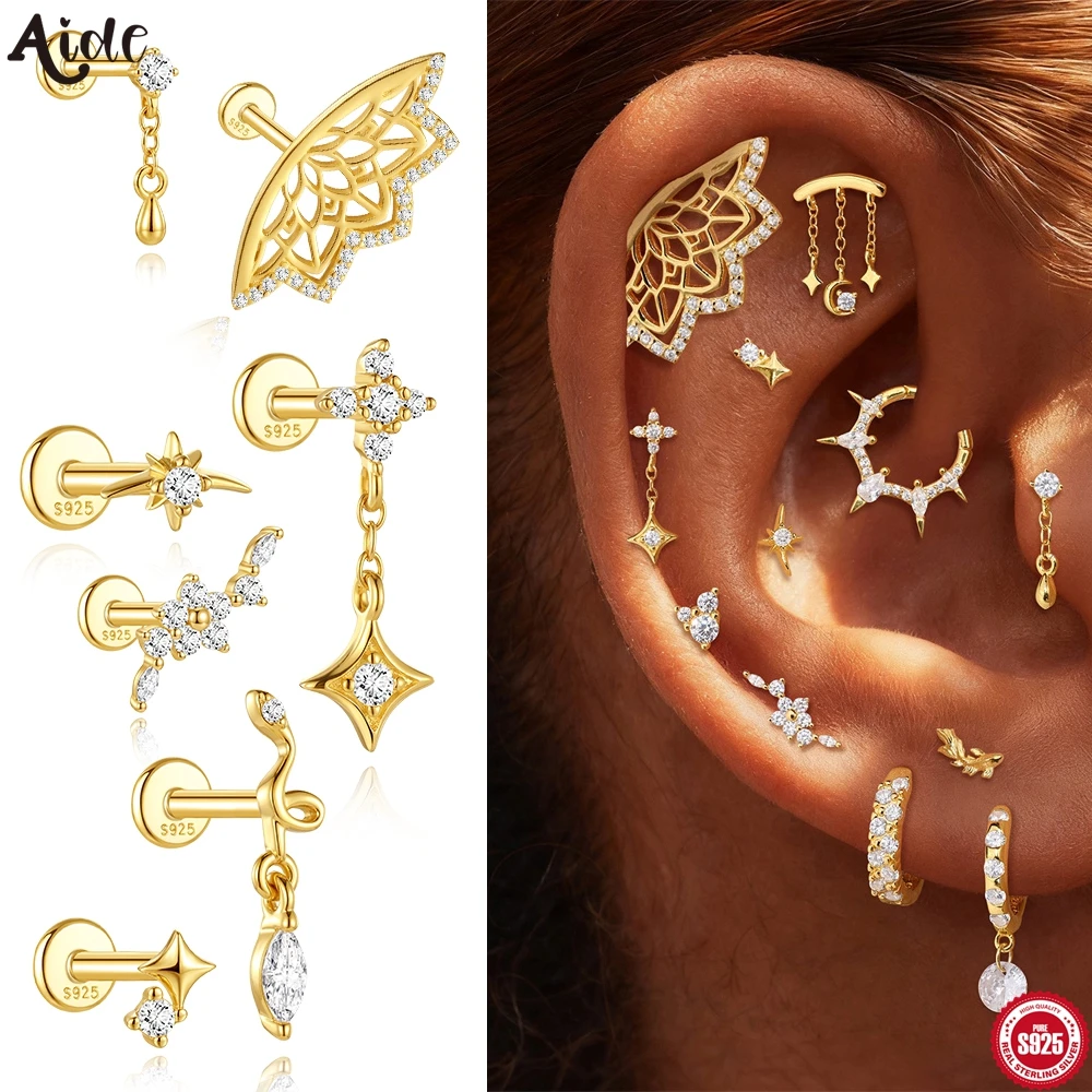 Aide S925 Sterling Silber Zarte Lotus-Piercing-Ohrringe mit Zirkonia, baumelnde Ohrstecker für alle Piercings, Stapelbarer Schmuck
