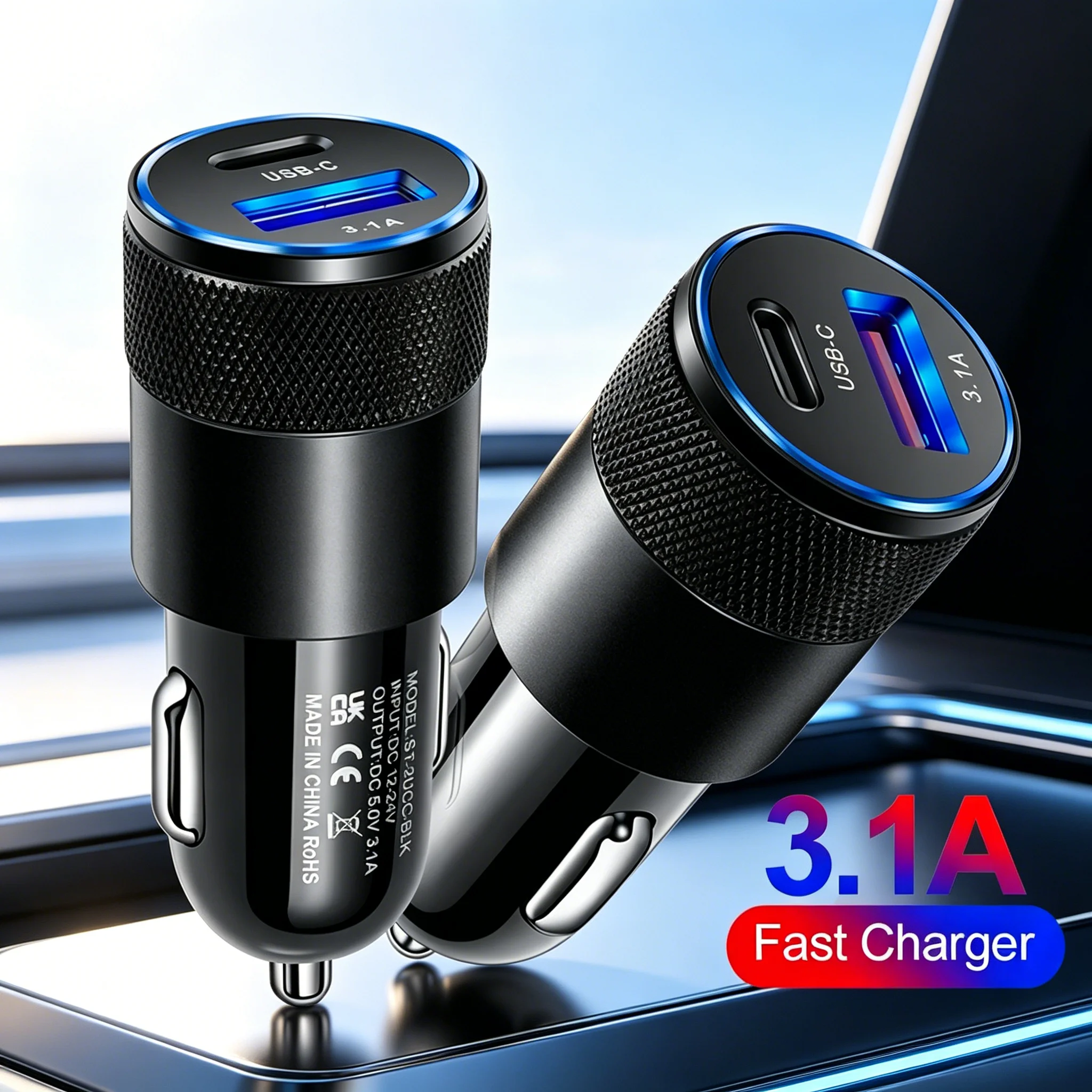 3.1A Dual Ports PD Fast Car Charger USB Type C Mobile Phone Power Adapter Mini Car Charger For iPhone 15 Samsung Xiaomi Huawei