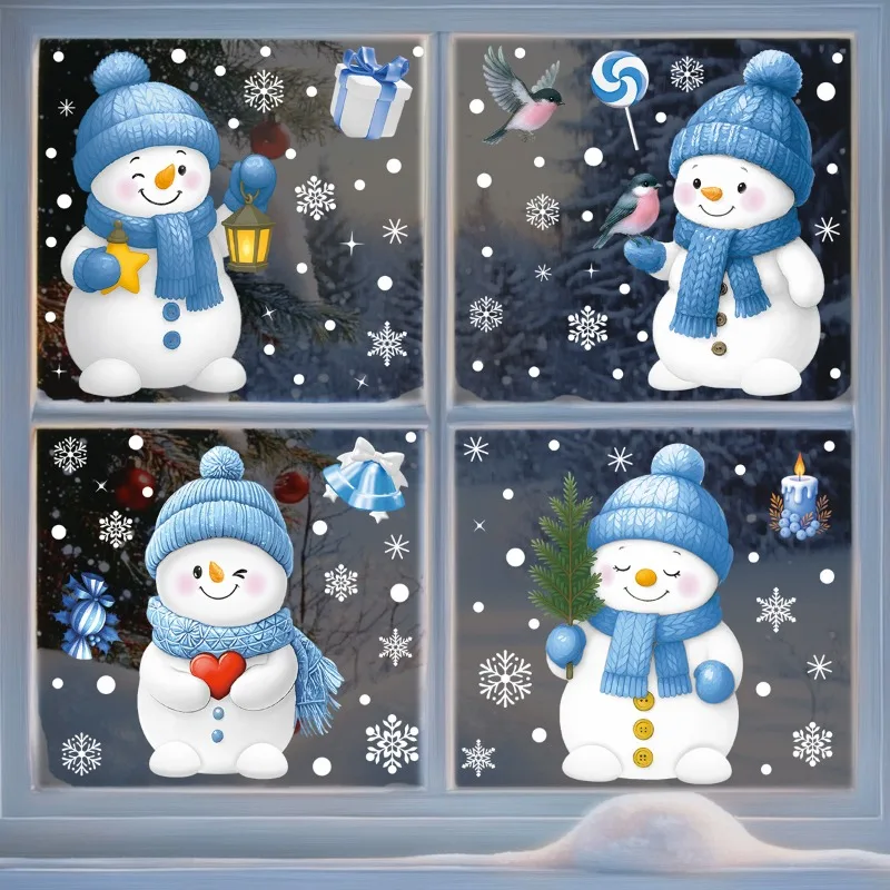 Decoraciones navideñas, pegatinas estáticas para ventana de muñeco de nieve de caramelo azul, caja de regalo de campana de Navidad, pegatinas de pared de cristal con copos de nieve, Feliz Navidad