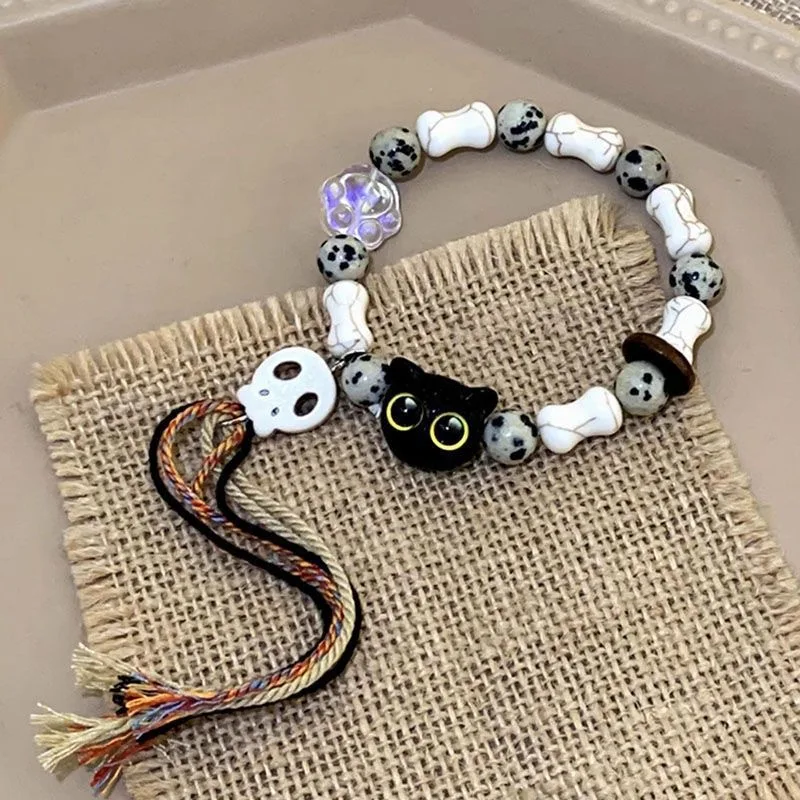 2PCS Tassels Big Eye Cat Bracelets for Women Men Sweet Cool Skull Ceramic Beaded Bracelet Aesthetic Party Jewelry Accessories