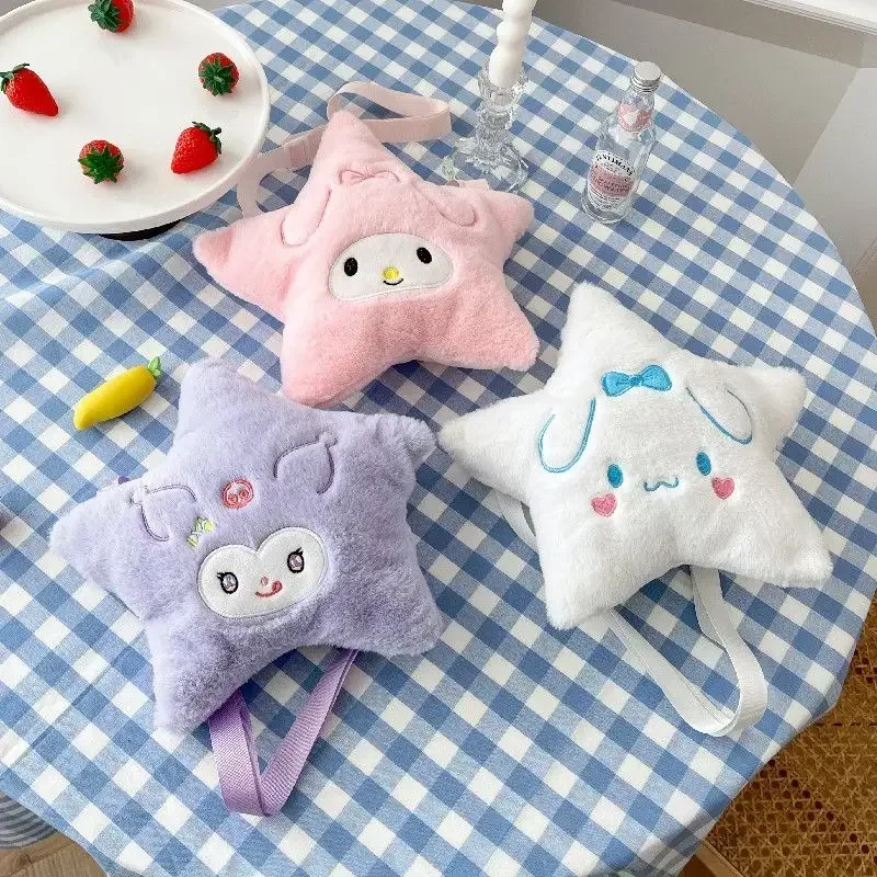 Sanrio estrela de cinco pontas saco de pelúcia cinnamoroll minha melodia kuromi anime dos desenhos animados bordado acessório kawaii saco de armazenamento presente das meninas