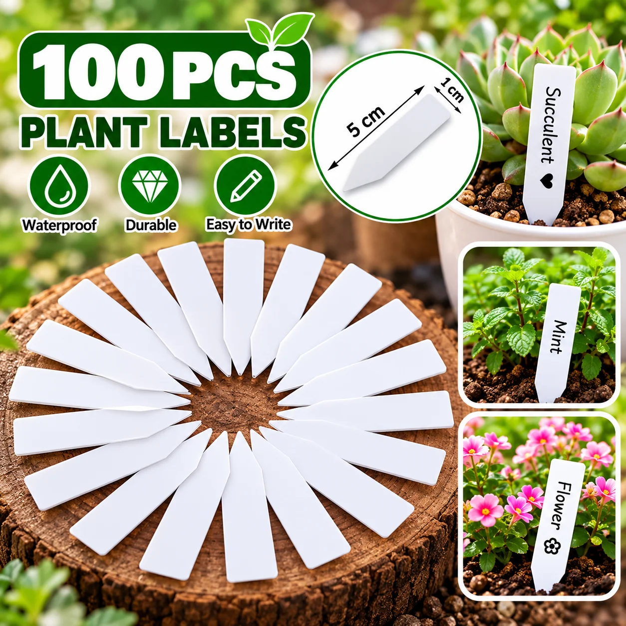 100Pcs Garden Plant Labels Waterproof Plastic Plant Tags white Write On Markers for Seedlings Flowers Herbs Succulents 5x1cm