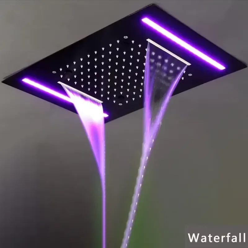 Luxury Smart Ceiling Shower System LED Thermostatic Rainfall Waterfall Massage Jets Full Body Set Bathroom Fixtures Black view 4