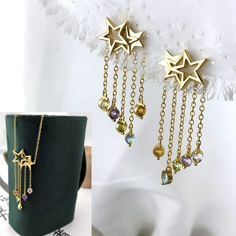 

Y2K New S925 Sterling Silver Trendy Exquisite Women Topaz Tassel Necklace Star Fashion Lady Girl Light Luxury Holiday Jewelry