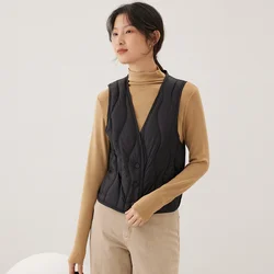 chalecos para mujeres Chaqueta de plumón de pato blanco para mujer, chaleco acolchado con cuello en V, cálido, sin mangas, moda coreana, otoño e invierno, 2023