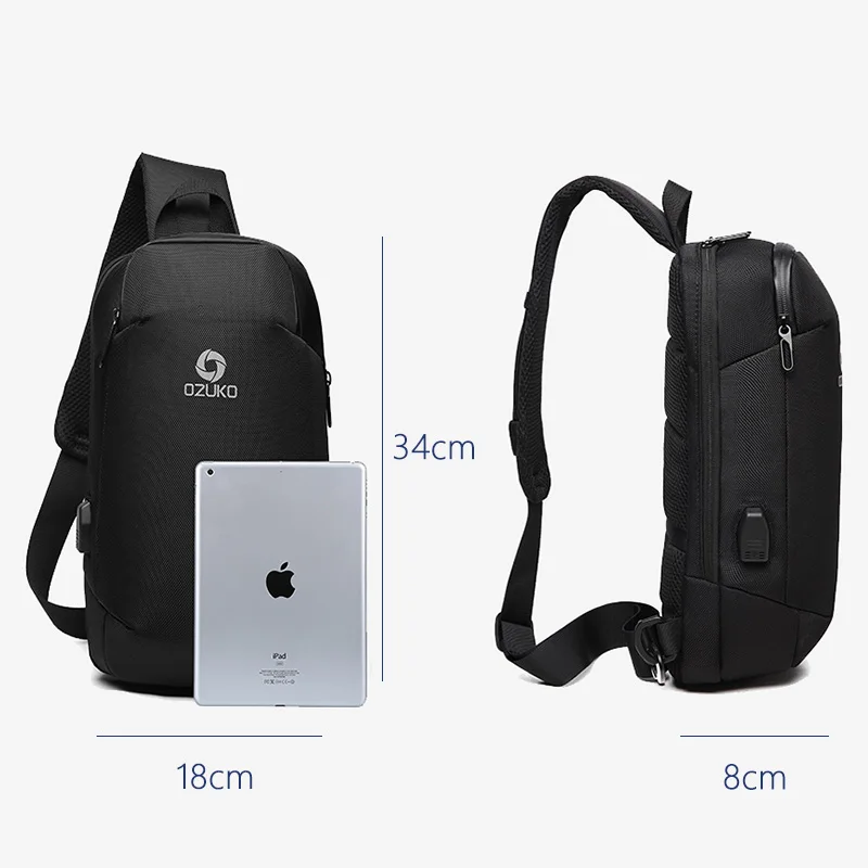 OZUKO New Men Anti Theft Crossbody Bags Fashion Male 9.7inch iPad Messenger Bag USB Charging Shoulder Bag Waterproof Sling Bag