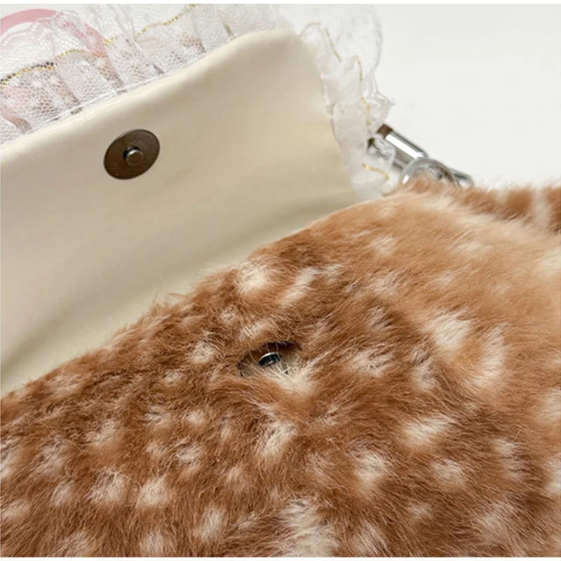 Japanische Hirsch gefleckte Band Plüsch Unterarm Umhängetasche, Mori Girl Elch flauschige Frauen Geldbörse, Winter süße Woodland Fairycore Handtasche – Detail 18
