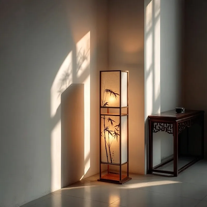 

Song Dynasty Aesthetics Solid Wood Floor Lamp Bamboo Painting Square Standing Light Vintage Mid Century Style Tea Room LED