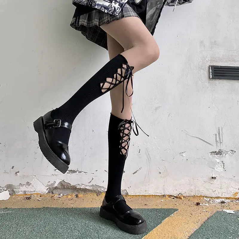 Women Stockings Sexy Lingerie lolita Cotton Fishnet Bandage Bowknot Thigh High Over Knee Socks Knee-High Student Stocking image 5