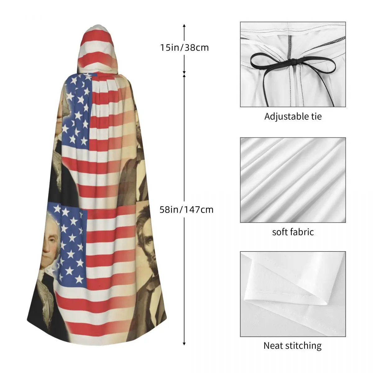 ジョージ・ワシントンとエイブラハム・リンカーン ロングフード付きマント 魔女 中世コスチューム コスプレケープ ハロウィンヴァンパイア 大人用 ユニセックス