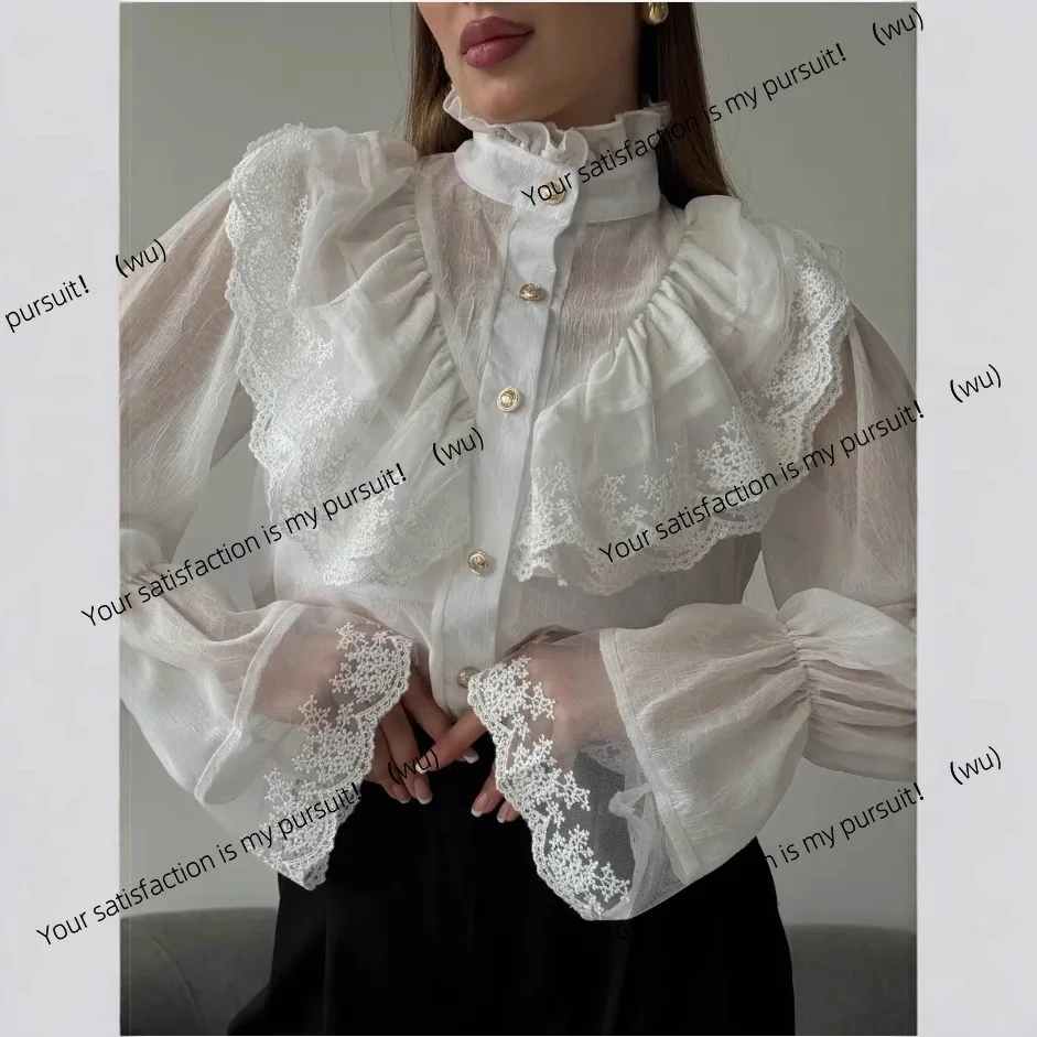 

Рубашка женская во французском придворном стиле фея воротник-стойка шифоновый дизайн зарубежный стиль топ с рюшами по краям