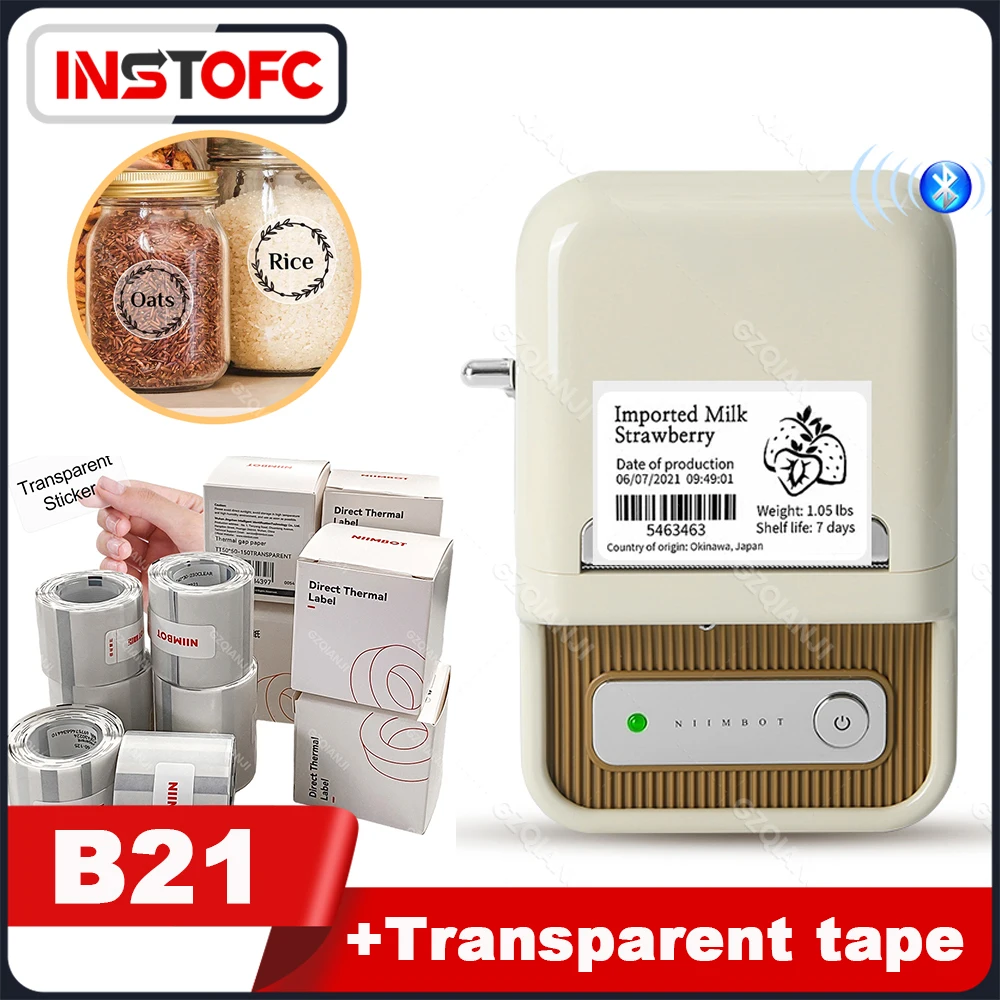 B21 Beige Portable Mini Label Printer Adhesive Sticker Sublimation Labeller Machine Bluetooth Wireless Maker Transparent Tape