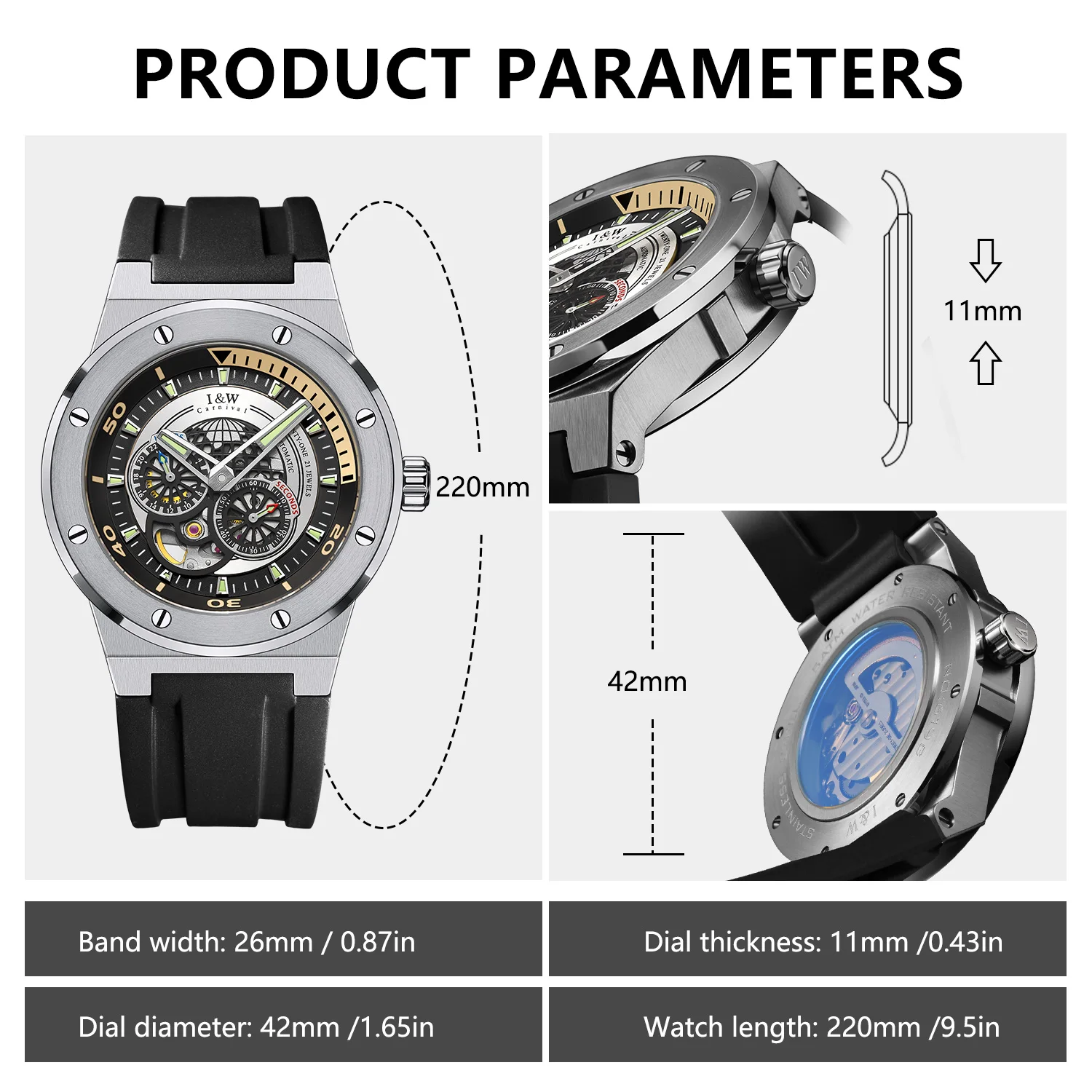 Mens Automatic Watches,42mm Pilot Watch,Mechanical Wristwatch Sapphire Luminous Skeleton Rubber Strap Military 24 Hours