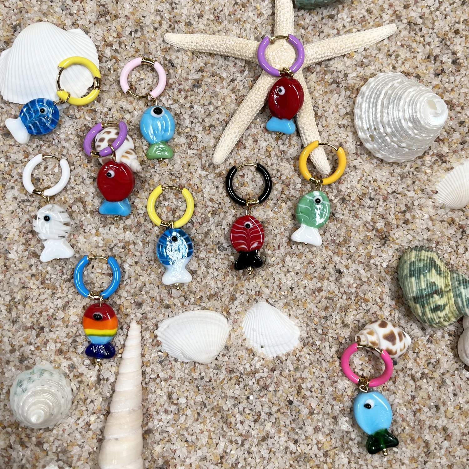 

Spring Summer Boho Glass Colorful Fish Pendant Stainless Steel Hoop Earrings for Women Girls Ear Buckle Cute playful Jewelry