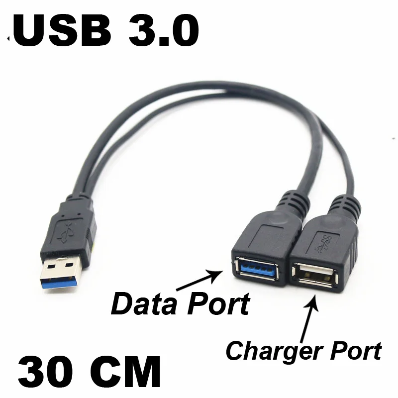 USB 3.0/2.0オスプラグ-2メスプラグ、延長線、データケーブル、充電アダプター、コンバータースプリッター、30cm