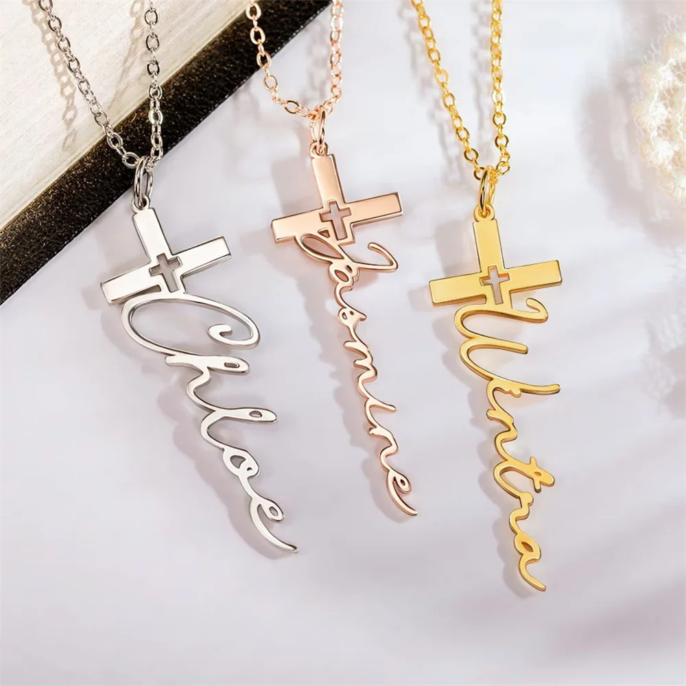 Personalized Cross Necklace Stainless Steel Custom Name Crucifix Necklace Jewelry for Women Men Christian Christening Gift