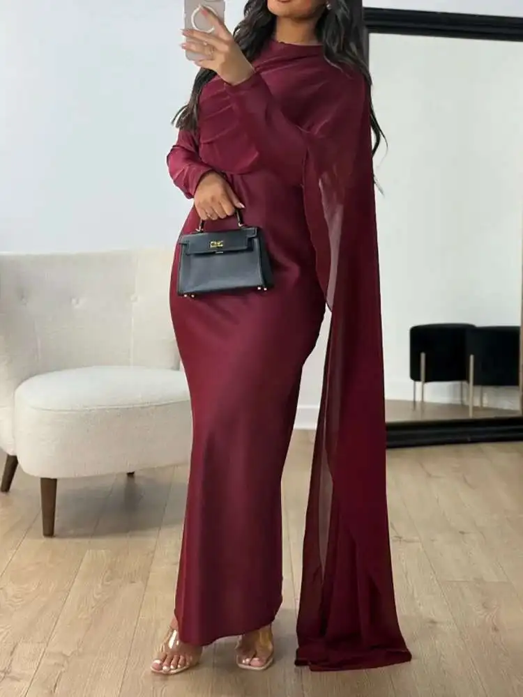 

Весенне-летнее женское праздничное домашнее платье с длинными рукавами, однотонное лоскутное элегантное платье макси, новое простое женское платье с круглым вырезом 2025 года