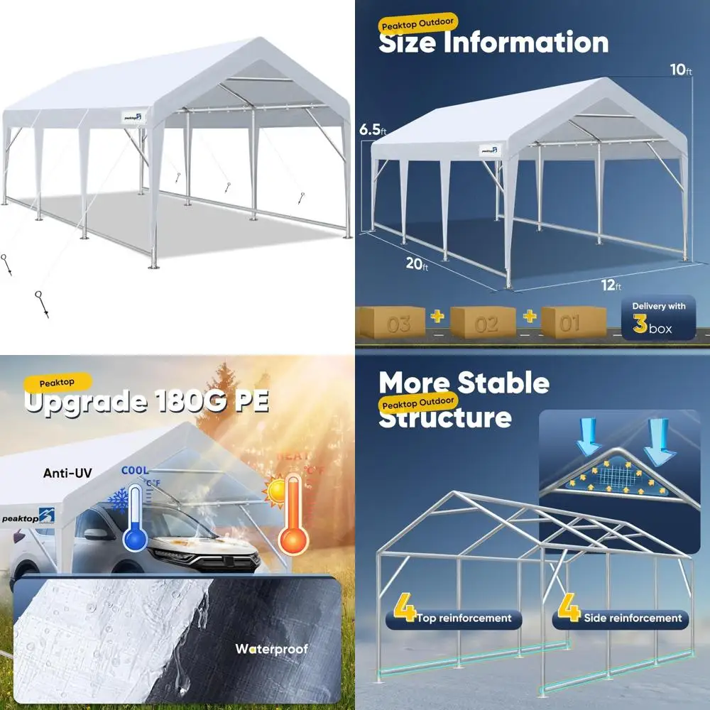 

durable 12x20 ft carport with portable canopy, garage tent, and boat shelter, featuring reinforced triangular beams and ground b