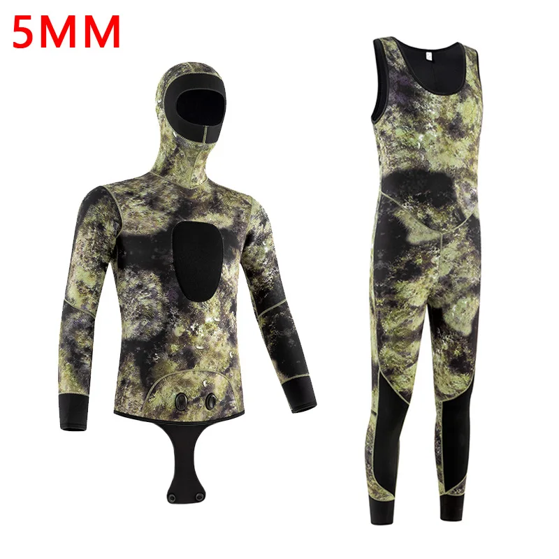 Camo Spearfishing Wetsuits for Men Women, 5mm Neoprene Top+Pants Two Pieces Set Hooded Super Stretch Scuba Diving Suit