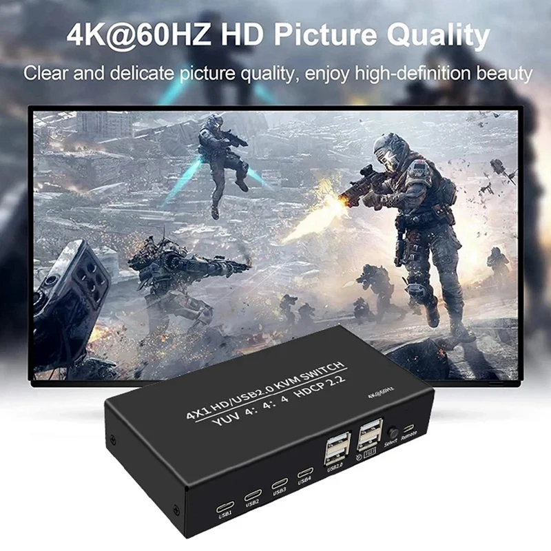 ZIZI 4K 60Hz - Compatibele USB KVM Switcher Selector 4 in 1 uit voor 4 pc delen Monitor Muis Toetsenbord 4-poorts USB HDCP2.2